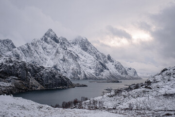 snow covered mountains in winter in Lofoten
