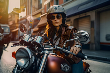 Beautiful serious girl in red glasses in a helmet rides a rock stile retro motorcycle around the city at high speed. Generative AI.