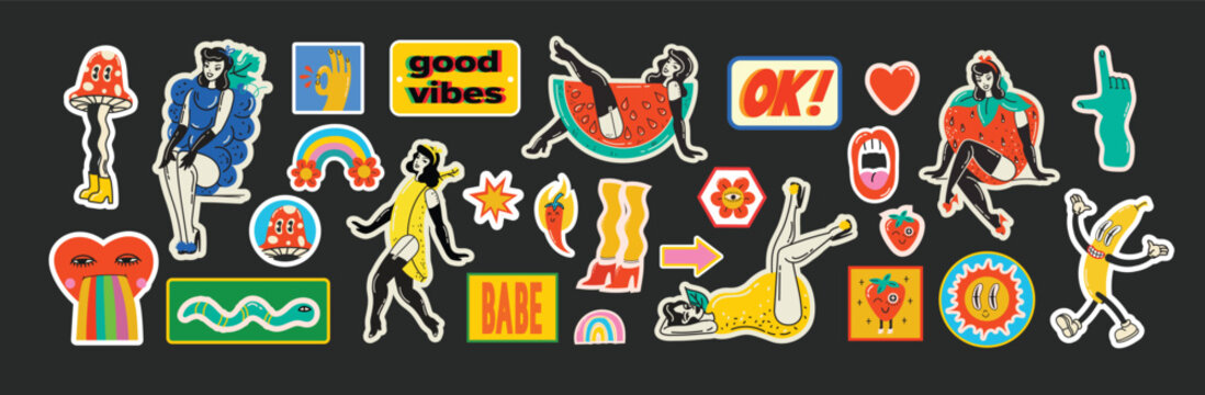 Groovy hippie love stickers set. Comic happy retro girls, geometric stickers, characters in trendy retro 60s 70s cartoon style. Vintage vector illustrations.