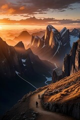 Embark on a visual journey through our awe-inspiring stock photo capturing nature's grandeur in a breathtaking panorama. Behold majestic peaks kissed by the golden hues of sunrise and sunset, towering