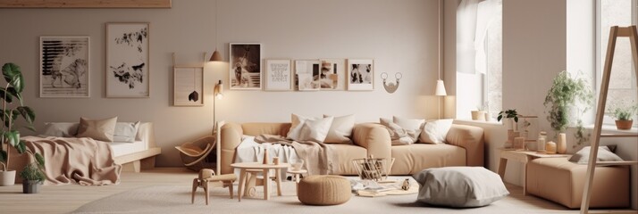Fototapeta premium cozy living room interior design in wood and earthtone natural colour scheme beautiful house design background room in daylight clean clear ambient atmosphere,ai generate