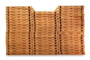 Stacks of pizza cardboard boxes isolated