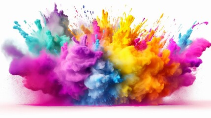 Explosion of colorful powders on a white background .Dust of many hues is released. The Holi celebration of color powder.