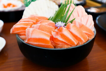 raw salmon, sashimi or sliced salmon and burnt salmon