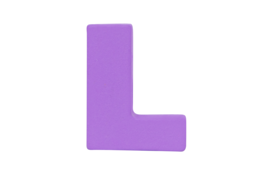 English alphabet letter uppercase "L" Isolated on cutout PNG. Wooden jigsaw purple tangram puzzle as shape "L". English. it is universal language used in learning education for children.	