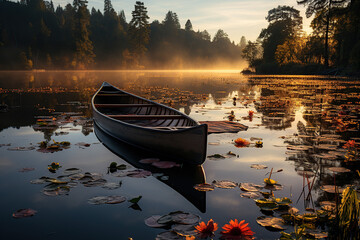 The serene lake creates a tranquil atmosphere as the mist gently blankets its surroundings. - obrazy, fototapety, plakaty