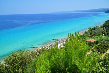 High angle view of Afytos beach in Chalkidiki in Greece.