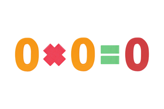 Zero multiply Zero equals Zero (0x0=0) Image of simple math addition operation for kids math operation to enhance brain skills. (Plus, minus, multiply, divide) Isolated on cutout PNG.