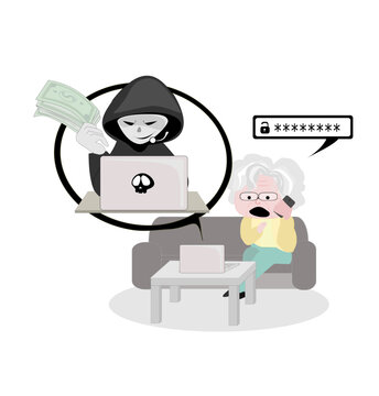 Grandma was contacted by a scammer, which made me very shocked.The culprit tricked the old woman into telling her the password.Hacker stole the Elder's money.Internet terrorism and cyber crime concept