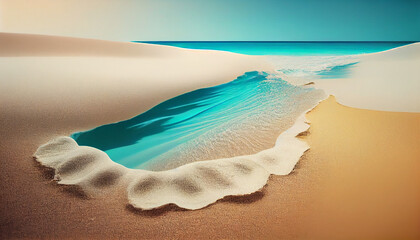 Obraz premium Abstract sand beach with sunlight in a beautiful turquoise water wave, background concept for idyllic resort at the sea with space for text or products, Ai generated image
