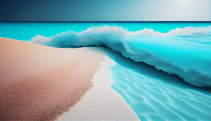 Abstract sand beach with sunlight in a beautiful turquoise water wave, background concept for idyllic resort at the sea with space for text or products, Ai generated image