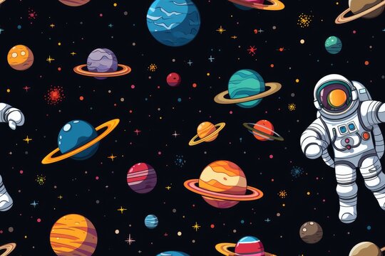 Seamless pattern with cartoon space astronaut, planets, stars. Generative AI