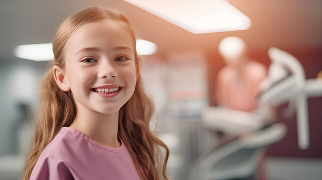 A girl smiles against the background of a dental chair in the office. Treatment without pain. Generative.