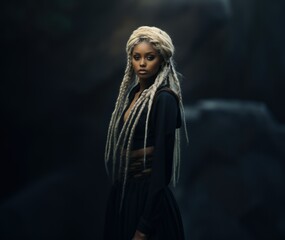 Fictional Black Woman Portrait. Long Blond Braided Hair Generative AI.