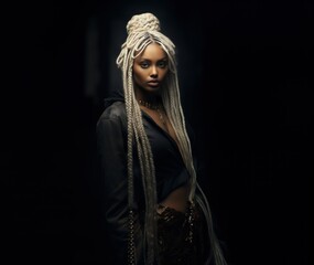 Fictional Black Woman Portrait. Long Blond Braided Hair Generative AI.