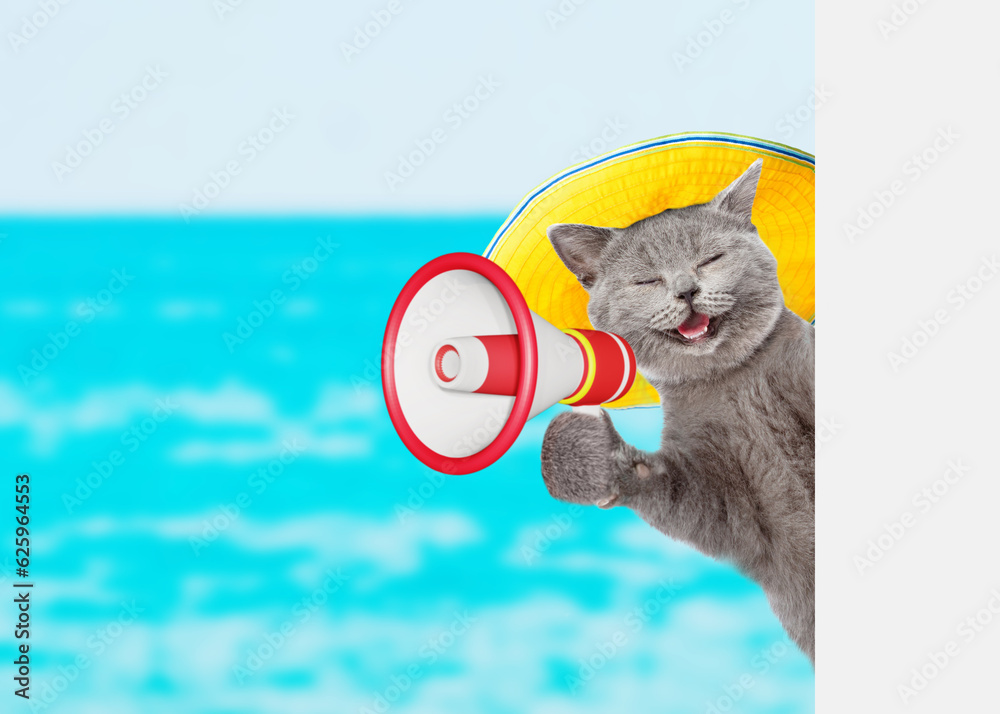 Poster happy cat wearing summer hat talks into megaphone and looks from behind empty white banner at summer