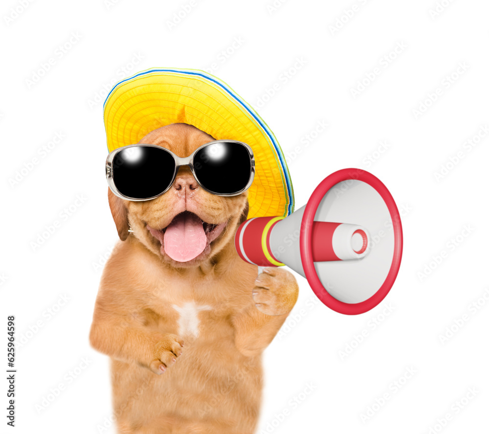 Aufkleber happy puppy with mirrored sunglasses and summer hat screaming into a megaphone. isolated on white ba