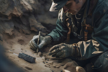 Bones remains of an ancient dinosaur skeleton, the archaeologist works carefully carefully cleans the bones from the soil. Generative AI.