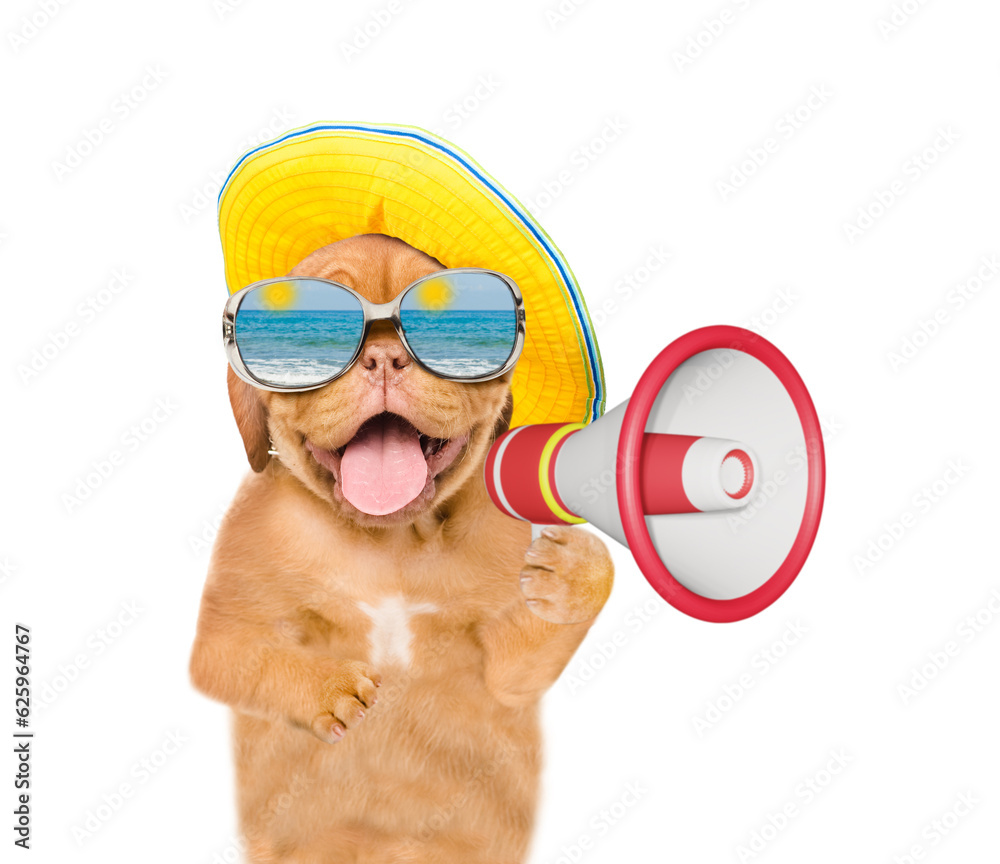 Aufkleber happy puppy with mirrored sunglasses and summer hat screaming into a megaphone. isolated on white ba