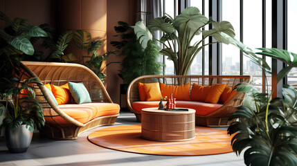 The interior of an orange living room with rattan chairs standing on a round carpet. 3d rendering layout. Generative.
