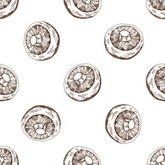 Hand-drawn vector seamless pattern of champignon. Vintage doodle illustration. Sketch for cafe menus and labels. The engraved image.