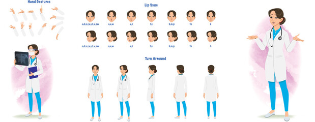 Set of Radiologist character design. Character Model sheet. Front, side, back view animated character. Male Radiologist character creation set with various views, poses and gestures. Cartoon style