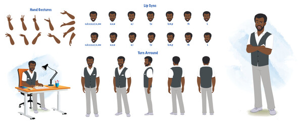 Set of african teacher character design. Character Model sheet. Front, side, back view animated character. Teacher character creation set with various views, poses and gestures. Cartoon style, flat ve