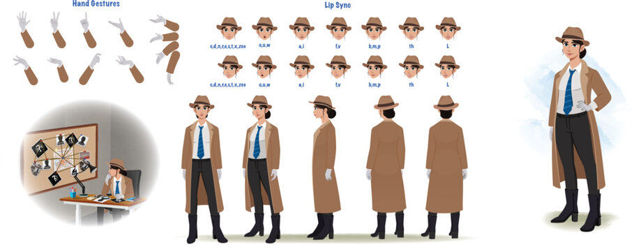 Set of male detective design. Character Model sheet. Front, side, back view animated character. Investigator character creation set with various views, poses and gestures. Cartoon style, flat vector