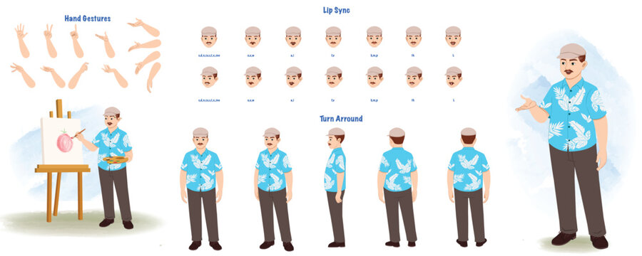 Set of painter character design. Character Model sheet. Front, side, back view animated character. Artist character creation set with various views, poses and gestures. Cartoon style, flat vector isol
