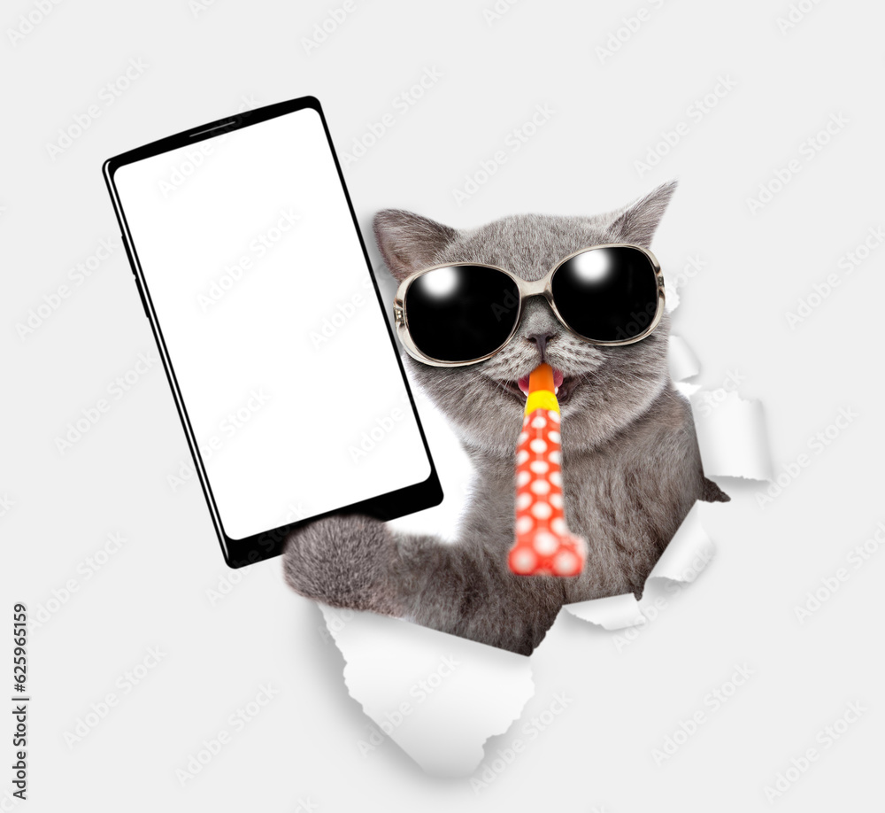 Poster happy cat wearing sunglasses blows in party horn and shows smartphone with white blank screen in it 