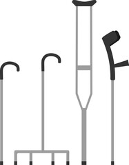 Vector crutches, assistive cane, forearm crutch, walking stick. Vector illustration of medical equipment set. 