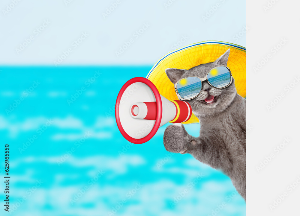 Aufkleber happy cat wearing mirrored sunglasses and summer hat talks into megaphone and looks from behind empt