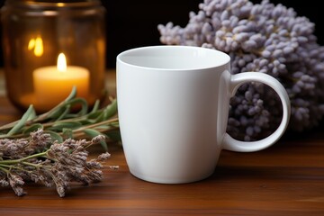 Blank white mug on the wooden table for your mock up. Generative AI