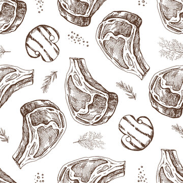 Hand-drawn vector seamless pattern of beef steak, piece of meat, mushrooms and greens. Vintage doodle illustration. Sketch for cafe menus and labels. The engraved image.