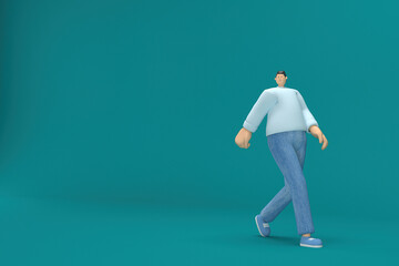 Obraz premium cartoon character wearing jeans and long shirt. He is walking. 3d rendering in acting.