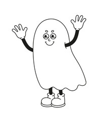 The hand-drawn retro character of a ghost. Vector illustration in trendy retro cartoon style. Line art.
