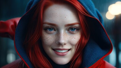 Beautiful girl with red hair and freckles in the rain, smiling