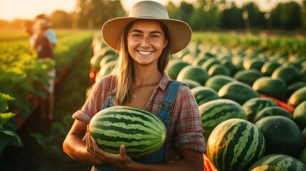 farmer woman grows watermelons - obrazy, fototapety, plakaty