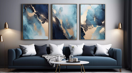 Modern living room with blue marble texture painted background on the wall,3D Watercolor abstract artificial marbled surface, Nordic emerald blue and gold for home decorative, Generated AI.