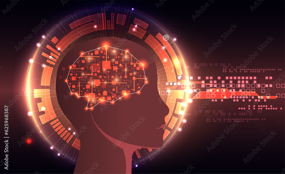 Aufkleber Artificial Intelligence. Technical background with a silhouette of a man. Big data concept. Machine cyber mind.