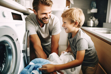 The son helps his father load dirty laundry into washing clothes - Powered by Adobe