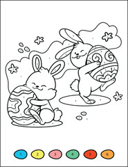 Color by Numbers. Bunny holding egg. Coloring puzzle with numbers for kids. Easter coloring page. Spring. Worksheet at school, home. Sketch. Vector. Printable page for kids. easter egg rabbit vector
