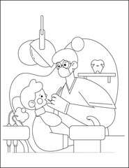 Coloring Page Outline Of cartoon doctor with a patients. Profession. Medicine. Coloring book for kids. Coloring Page Outline Of cartoon girl patient. Dental and oral care. Coloring Book or Page

