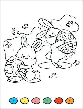 Color by Numbers. Bunny holding egg. Coloring puzzle with numbers for kids. Easter coloring page. Spring. Worksheet at school, home. Sketch. Vector. Printable page for kids. easter egg rabbit vector
