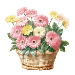 bouquet of flowers in a basket Watercolor pastel pink gerbera daisy flower isolation on transparent background