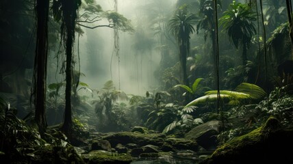 A foggy landscape in the jungle created with Generative AI