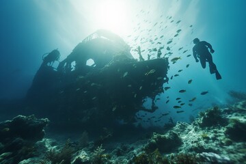 Photograph of people diving underwater historic wrecks, Generative AI