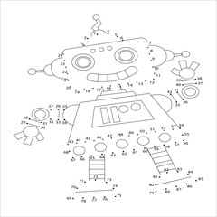 Connect points. Cartoon robot picture, vector character. Numbers game for children. dot to dot robot game. Vector illustration of dot to dot puzzle with happy cartoon robot for children.
