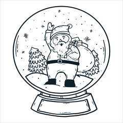 Hand drawn vector illustration of Toy glass snow globe with winter tree inside. Coloring book page for children. Winter decorative pattern. snow globe with snowman. Coloring book page for adults
