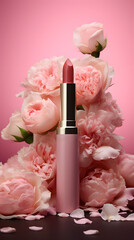 Obraz na płótnie Canvas A pink lipstick is elegantly showcased, its hue harmonizing with a delicate backdrop of blooming pink flowers.